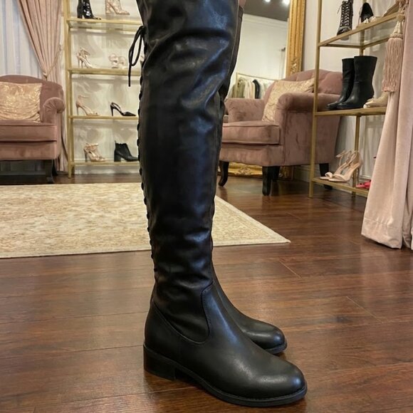Black Faux Leather Over The Knee Boots Lace Up Back Thigh High Low Block Heel - Picture 3 of 5